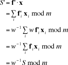 S' = f'.x = ... = (w^-1)S mod m