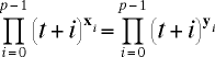 [Pi][i=0 to p-1]((t+i)^x_i) = [Pi][i=0 to p-1]((t+i)^y_i)